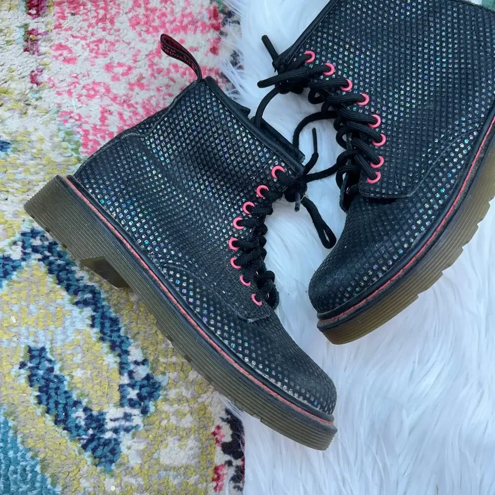 Dr. Marten Black Colorful Shimmer Leather Delaney Combat Boot Kids Girls 1